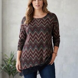 Lace Detail Diagonal Hem French Laundry XL Maroon Geo Print Tunic
